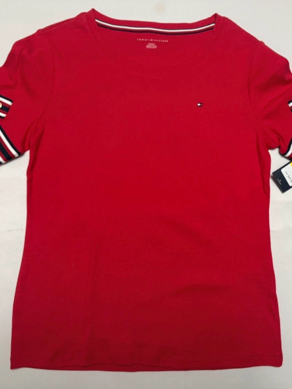 Tommy Hilfiger Red Short Sleeve Tee with Striped Sleeve Trim